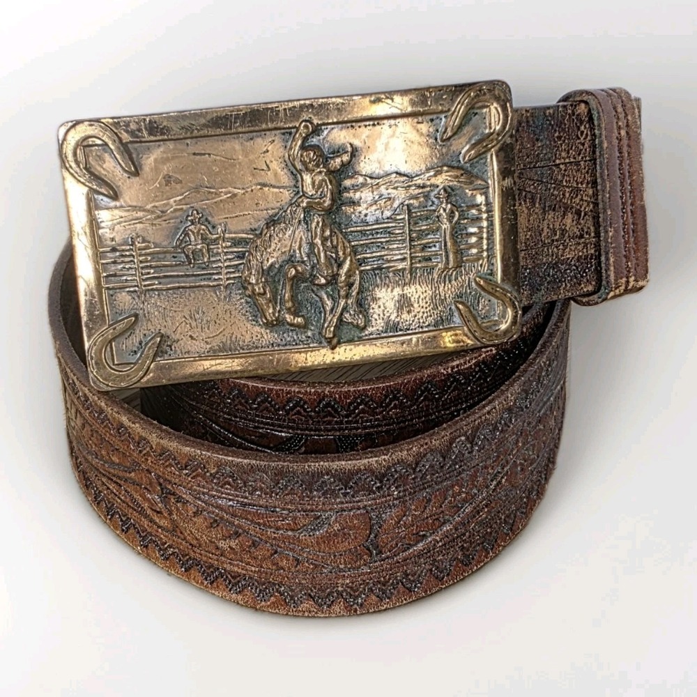 Bronc Riding Belt & Buckle Horse Cowboy Ranch Rodeo Justin Fort Worth Horseshoes